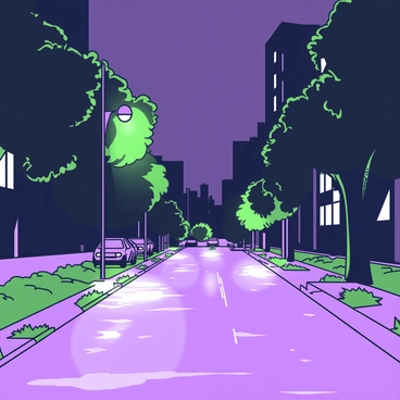 A quiet urban street is depicted at night. The pavement is wet, reflecting the soft glow from the streetlights positioned along the sides. Each streetlight casts a green-and-purple hue, illuminating patches of the sidewalk. Dark silhouettes of buildings line the street in the background, their windows faintly lit. A few parked cars are scattered along the side of the road. The atmosphere feels dense with humidity, as a gentle breeze rustles through nearby trees, whose leaves slightly shimmer under the streetlight's glow.