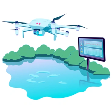 A large drone equipped with various sensors and cameras is hovering above a clear, reflective lake. The drone's design is sleek, with multiple propellers and LED lights. Below, the surface of the lake shimmers in the sunlight, reflecting the surrounding greenery. Small ripples can be seen where the drone's shadow falls. The drone is actively analyzing the water quality, with data being transmitted to a nearby control station, displayed on a digital screen.