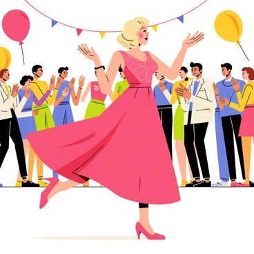 Marilyn Monroe is depicted swing dancing energetically at a lively party. She wears a sparkling red dress that flows as she moves, showcasing her dynamic dance style. Her blonde hair is styled in soft curls, bouncing with each step. The background features colorful party decorations, including balloons and streamers. A diverse crowd of guests surrounds her, clapping and cheering, while a live band plays cheerful music in the corner. Bright lights illuminate the scene, creating an atmosphere of excitement and joy.