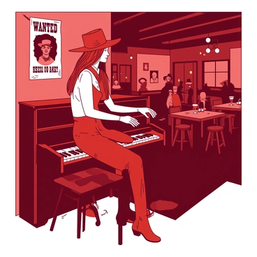 A red cowgirl wearing a wide-brimmed hat is playing a tune on an old upright piano. The piano is set against a wall in a dimly lit saloon, with wooden beams overhead and a warm atmosphere. The cowgirl's boots rest on the piano's pedals, and her fingers dance across the worn keys. In the background, there are several wooden tables and a few patrons quietly enjoying their drinks, their faces illuminated by flickering candlelight. A faded wanted poster is tacked to the wall beside the piano, adding to the saloon's rustic charm.