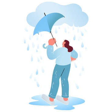 A person is standing in a downpour, attempting to manage a broken umbrella that has flipped inside out. The rain is pouring heavily, creating puddles on the ground, while raindrops splash around them. The person's clothes are drenched, clinging to their body, and water is streaming down their back. The scene conveys the intensity of the storm with dark clouds overhead and streaks of rain falling all around. The broken umbrella is held at an awkward angle, showcasing its wrinkled fabric and bent frame.