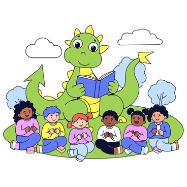 A friendly dragon with bright green scales and large, expressive eyes sits on a grassy hill. The dragon is holding an open book in its front claws, and its mouth is slightly open as if reading aloud. Surrounding the dragon is a diverse group of children, smiling and sitting on the ground, their eyes fixed on the book. The children are of various ethnicities, with different hairstyles and clothing colors, creating a lively scene. In the background, there are simple, cartoon-style trees and fluffy clouds in the sky.