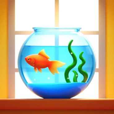 A round glass bowl filled with clear water containing a goldfish swimming gracefully. The bowl is positioned on a sunny windowsill with bright sunlight streaming in, casting reflections and highlights on the glass surface. Green aquatic plants are gently swaying underwater, adding a touch of nature to the scene. The warm sunlight creates sparkling patterns within the bowl, enhancing the vibrant orange color of the goldfish.