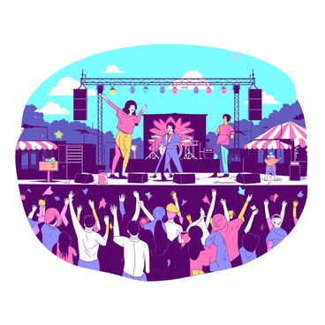 A vibrant outdoor music festival is taking place under a clear blue sky. On the stage, a band is energetically performing, with the lead singer holding a microphone and the guitarist strumming their instrument. Colorful stage lights illuminate the performers, creating a lively atmosphere. In front of the stage, a large crowd of excited festival-goers is cheering and dancing, raising their arms in celebration. Some individuals are wearing bright outfits, while others are holding drinks and waving flags. Food stalls and colorful banners are visible in the background, adding to the festive environment.