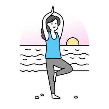 A woman with long hair is practicing yoga on a beach at sunrise. She is wearing a light blue tank top and grey leggings. The woman is in a standing pose, arms raised overhead. The horizon features a rising sun casting soft orange and pink hues across the sky. Gentle waves lap at the shoreline, and there are smooth pebbles scattered on the sand around her feet.