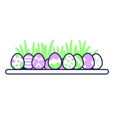 A collection of Easter eggs arranged in a neat row on a flat surface. Each egg features distinct designs, with geometric shapes, swirls, and zigzag patterns. The eggs are decorated with dots, stripes, and floral motifs. The colors on the eggs are vibrant and varied, creating a lively appearance. The arrangement allows for a clear view of each unique design. In the background, there are green grass blades peeking out, enhancing the festive atmosphere.