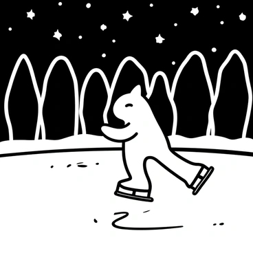 A "Gengar" figure ice skating gracefully on a frozen pond. The pond is surrounded by tall, dark trees reflecting in the ice. The scene is illuminated by numerous stars in the night sky above. The "Gengar" is leaving behind smooth curves in the ice as it glides, with its shadow cast on the surface. There are subtle snowflakes gently falling around, adding to the wintry atmosphere.