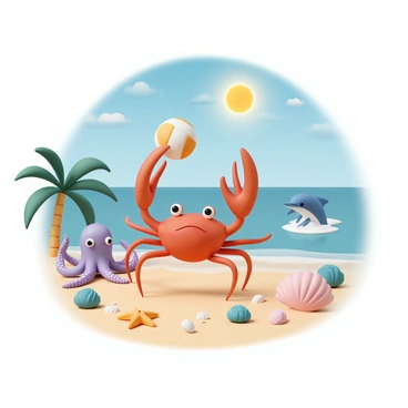 A red crab with large claws is skillfully hitting a beach volleyball. It stands on its hind legs on the warm, sandy beach. Surrounding the crab are various sea creatures, including a cheerful octopus with vibrant purple tentacles and a playful dolphin leaping out of the water nearby. A starfish rests on the sand, and colorful seashells are scattered around. In the background, the sun is shining brightly in a clear blue sky, and gentle waves are lapping at the shore. Palm trees sway slightly in the light breeze.