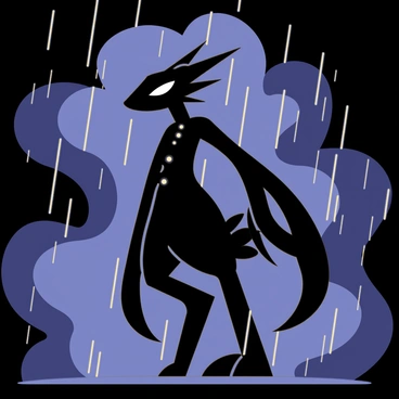 A silhouette of "Greninja" stands prominently against a backdrop filled with dark, swirling clouds. Bright flashes of "lightning" illuminate the scene, creating sharp contrasts and highlighting the contours of Greninja's form. The rain is falling in diagonal lines, adding a dynamic effect to the image. The atmosphere conveys intensity and energy, with the silhouette of Greninja in a poised stance, ready for action.