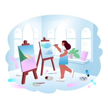 A girl is standing in a sunlit art studio, focused on painting a vibrant scene on a blank canvas. She is holding a paintbrush with one hand and has the other hand dipped in a palette of various colorful paints. The studio is filled with bright, natural light streaming through large windows. The floor is covered in a variety of colorful paint splatters, adding to the creative atmosphere. Brushes and tubes of paint are scattered around her, emphasizing the artistic environment.