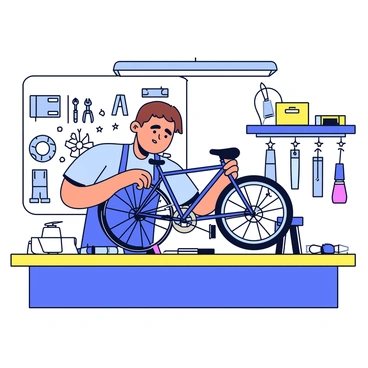 A bicycle mechanic is focused on fixing a bike in a small workshop. The mechanic has short brown hair and is wearing a blue work apron. The bike is positioned on a repair stand, and the mechanic is adjusting the handlebars with a wrench. Surrounding the mechanic are various tools neatly arranged on a wooden workbench, including screwdrivers, pliers, and a tire pump. The walls of the workshop are lined with pegboards holding more tools and parts, while a bright overhead light illuminates the scene.