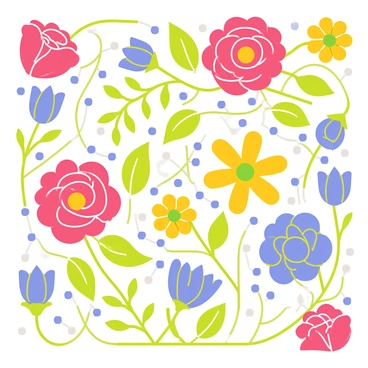 A vibrant mosaic consisting of various floral motifs and patterns. The mosaic features large, colorful flowers such as red roses, yellow daisies, and blue tulips, each carefully arranged to create a harmonious design. Surrounding the flowers are intricate green leaves and vines that intertwine throughout the mosaic. The background consists of small tiles in different shades of blue, creating a contrast that enhances the bright colors of the flowers.