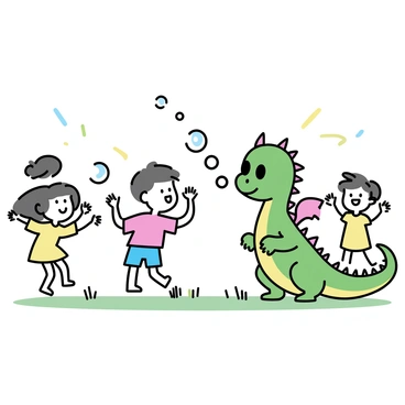 A small dragon with bright green scales, large friendly eyes, and playful wings is blowing bubbles in a sunny park. The bubbles are shimmering in the sunlight, floating gently in the air. Around the dragon, a group of children are laughing and reaching out to catch the bubbles. One child, wearing a red t-shirt and blue shorts, is giggling as a bubble lands on their nose. Another child, dressed in a yellow dress, is jumping excitedly with arms outstretched. The park has green grass and a few trees in the background, contributing to the cheerful atmosphere.