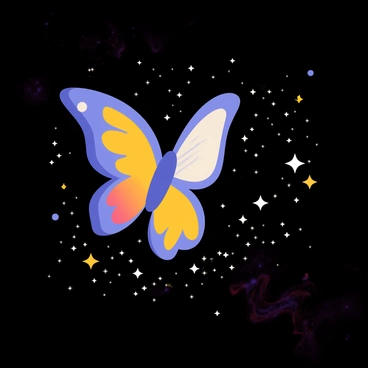 A butterfly with vibrant blue and orange wings is flying through a dark starry galaxy. The butterfly is surrounded by a multitude of glowing stars scattered across the space background. As it flutters, it leaves a shimmering trail of stardust that sparkles against the deep cosmic colors. The galaxy features swirling nebulae in shades of purple and pink, providing a dramatic contrast to the butterfly's bright colors.