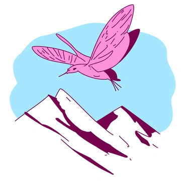 A pink schmetterling is soaring gracefully above a range of white snow-capped mountain peaks. The wings of the schmetterling are spread wide, showcasing intricate patterns. Below, the rugged mountain terrain contrasts with the delicate figure of the schmetterling. The sky around the schmetterling is clear and vibrant, enhancing the serene atmosphere of the scene.