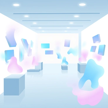 A spacious virtual reality art gallery filled with various holographic sculptures that emit a soft glow. The sculptures are displayed on sleek pedestals, each showcasing different abstract forms. Along the walls, there are vibrant 3D paintings that appear to leap out from the surfaces, arranged in an organized manner. The floor is polished and reflective, enhancing the colorful light from the holographic elements. Soft ambient lighting bathes the entire gallery space, creating a captivating atmosphere.
