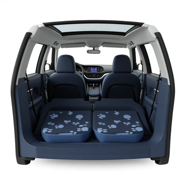A car interior designed for pet owners, featuring soft, durable pet seat covers that fit snugly over the seats. The seat covers are a deep blue color with paw print patterns. There is a spacious back seat area with ample legroom. A large, panoramic sunroof lets in natural light, enhancing the open feel of the interior. The car has a rubber floor mat to protect against pet hair and spills. There are also safety harness clips installed for pet restraint. The dashboard is sleek and modern, with easy-to-reach controls.