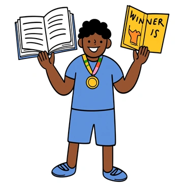 A young champion with light skin and short black hair stands proudly, holding a large open dictionary in one hand and a shiny winner's medal in the other. The champion is wearing a bright blue athletic jersey and matching shorts, celebrating their achievement. They have a wide smile on their face, showcasing their joy and pride in winning. The medal hangs from a colorful ribbon around their neck, catching the light.