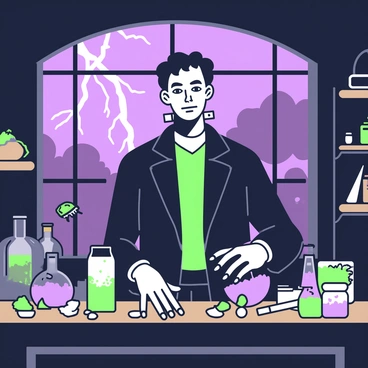 Victor Frankenstein is standing over a large wooden table in a dimly lit laboratory. He has disheveled dark hair and is wearing a long, dark coat with a high collar. His intense expression reflects his focus on the objects laid out before him. Various scientific instruments and jars filled with unusual substances are scattered across the table. Outside the window, a fierce lightning storm is raging, illuminating the room with flashes of light. The stormy sky is visible through the window, showcasing dark clouds and bolts of lightning striking in the distance.