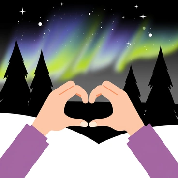 Two hands are positioned together to form a heart shape in the foreground. The fingers are interlocked and the palms are slightly curved, creating a clear heart outline. In the background, the northern lights radiate vibrant colors of green, blue, and purple across a dark night sky. The scene captures a snowy landscape with silhouettes of pine trees framing the edges, enhancing the warmth of the heart shape against the cool, glowing aurora.