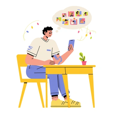 A person sits at a bright yellow table, holding a smartphone in one hand. The smartphone screen displays a colorful collage of social media images, each depicting different scenes from a story being narrated. Above the table, a thought bubble emerges from the person's head, showing small illustrations of characters and key moments from the story. The captions, floating around the images, are handwritten in a playful script, adding context to each scene. In the background, there are whimsical decorations like fairy lights and a small potted plant, creating a lively atmosphere.