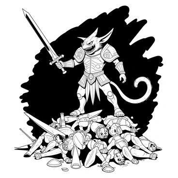 A legendary skaven hero with intricate armor and a fierce expression stands triumphantly atop a pile of defeated enemies. The hero holds a raised sword, glinting in the light, showcasing its sharp blade and ornate hilt. The pile of defeated enemies consists of various humanoid figures, their expressions frozen in defeat and their armor scattered around. The skaven hero's tail curls dramatically behind him, emphasizing his victory. The background features a dark battlefield, with remnants of weapons and shields scattered around, enhancing the sense of conquest.