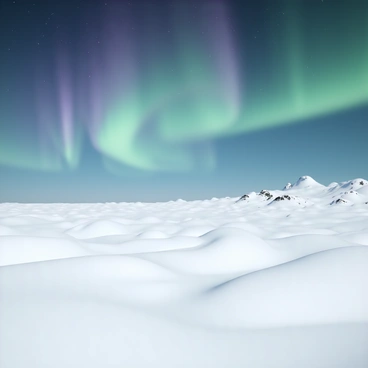 An expansive arctic tundra, covered in a thick layer of white snow, stretches across the scene. Snow drifts rise and fall in soft mounds, creating a textured landscape. Above, the sky is illuminated by the Northern Lights, showcasing vibrant shades of green, purple, and blue that swirl in a mesmerizing display. The horizon is dotted with small, rugged hills and a few scattered patches of dark, exposed earth peeking through the snow. The overall atmosphere is one of vastness and natural beauty, capturing the essence of the arctic wilderness.