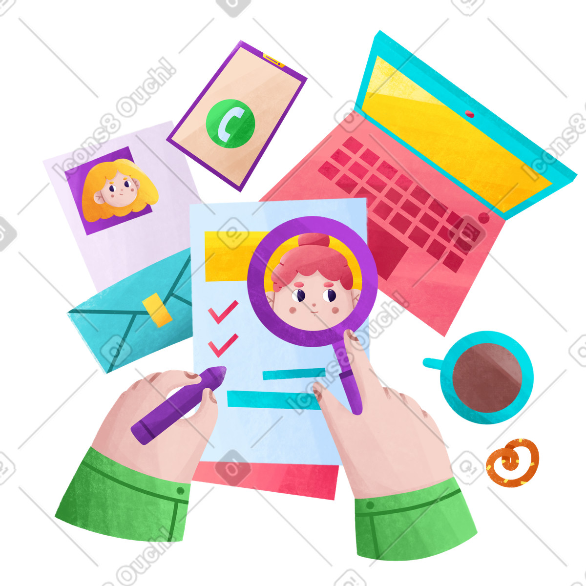 Bonbon スタイルの 求職者の履歴書に目を通している人事マネージャー のイラストをPNG、SVG形式でダウンロード