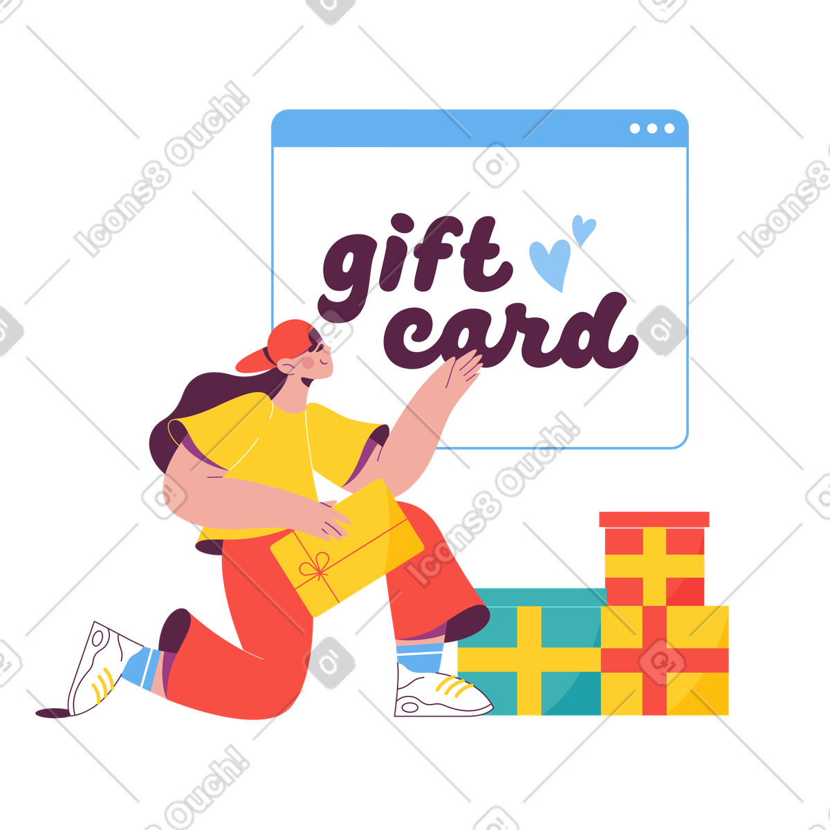 Person presenting gift card in browser window, digital gifting and rewards platform illustration Sammy style download PNG, SVG