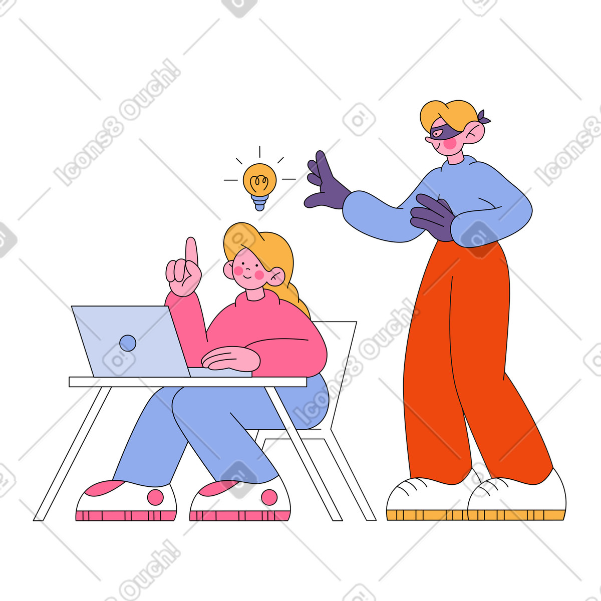 Mädchen bekommt eine idee und dieb will die stehlen-Illustration im Bloom-Stil als Download in PNG, SVG