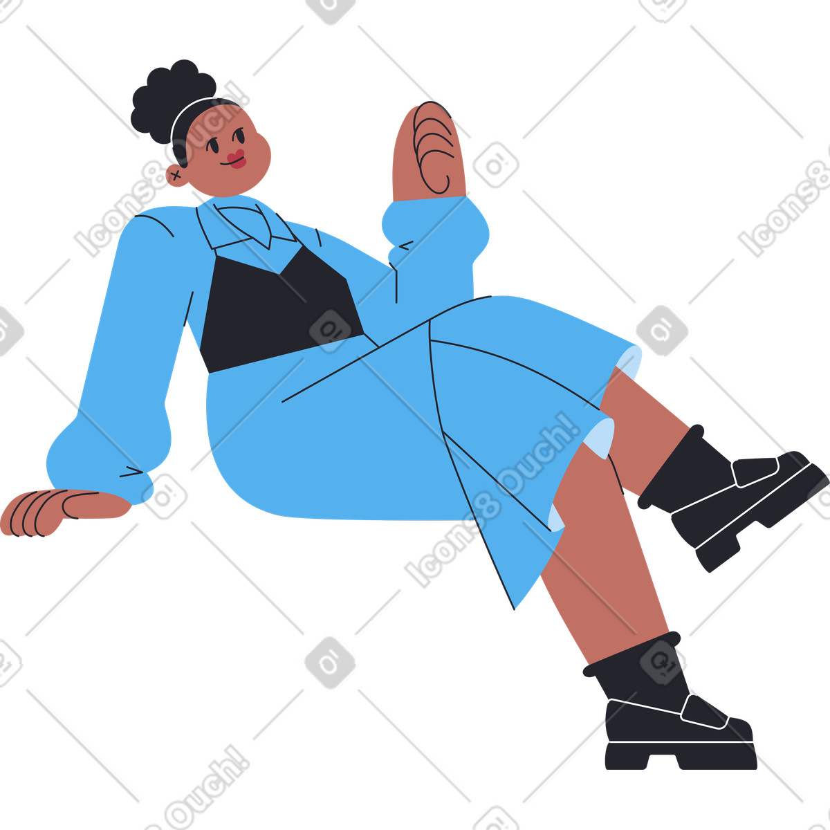 下载 Boba 风格的 穿蓝色长裙的女人盘腿而坐 插画，支持 PNG、SVG 格式