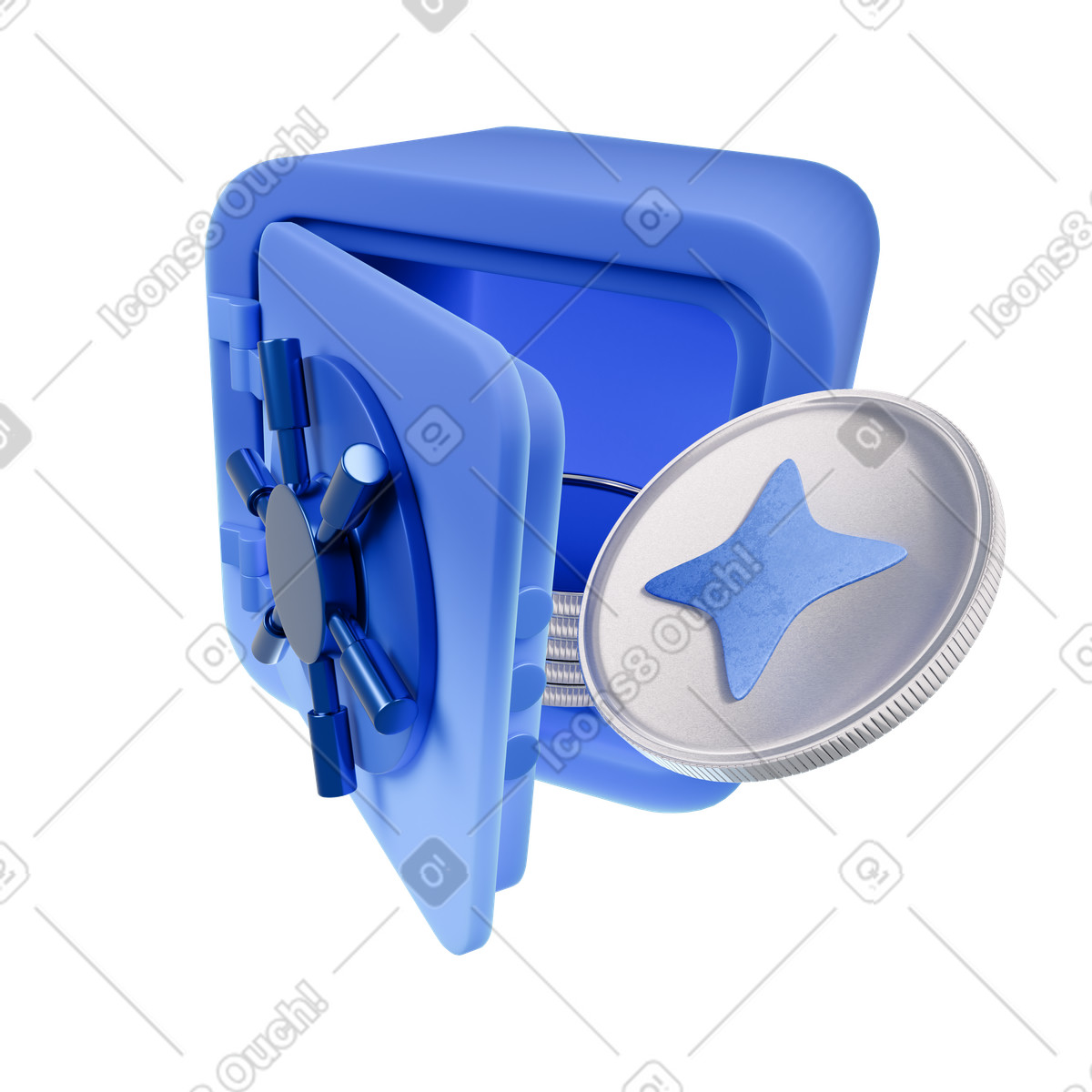 Blue vault with silver coin, Money security, Cash protection animated illustration in 3D Blueprint style download in GIF, Lottie (JSON), AE