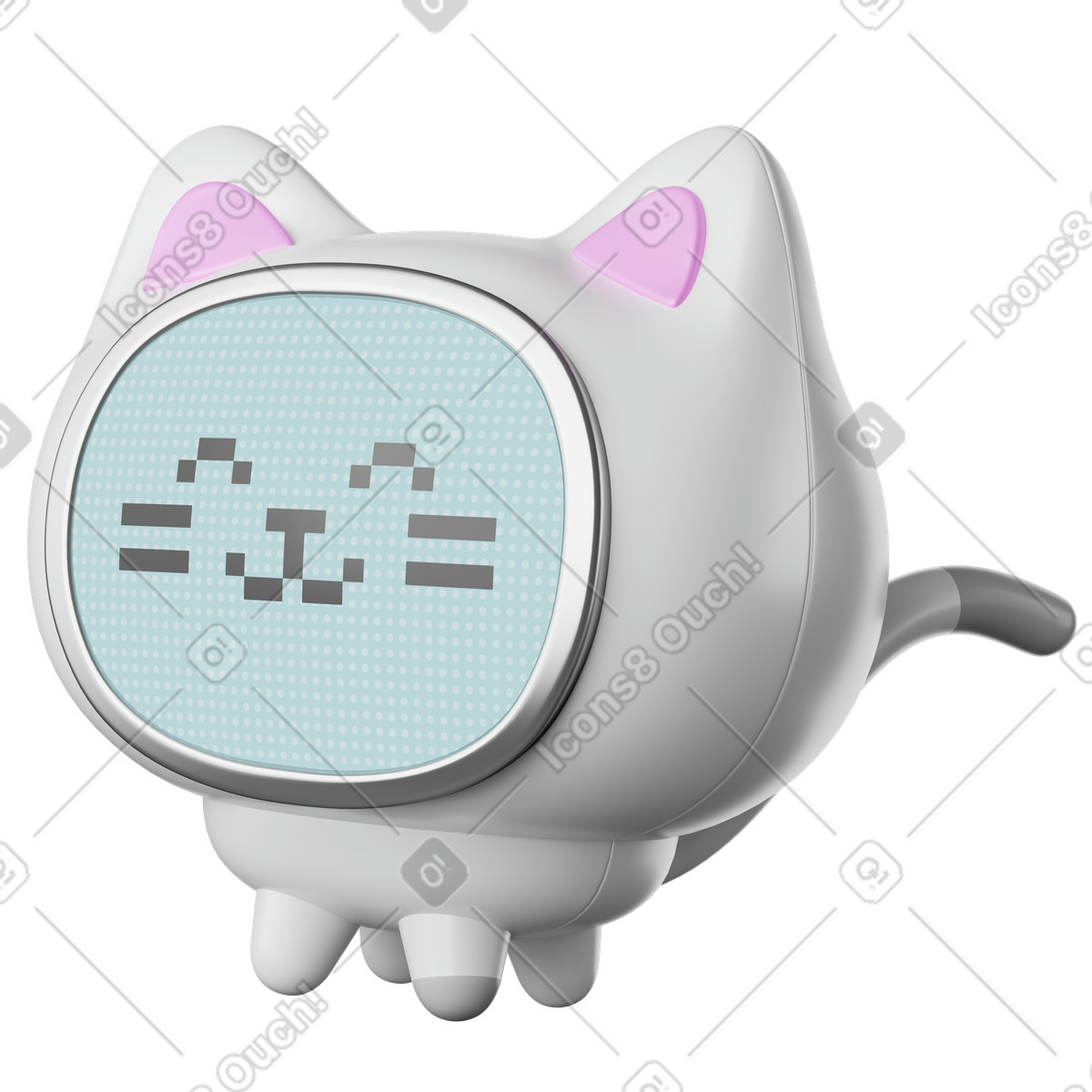 3D Plastic スタイルの Robot cat toy with pixel display face and curved tail のイラストをPNG、SVG形式でダウンロード