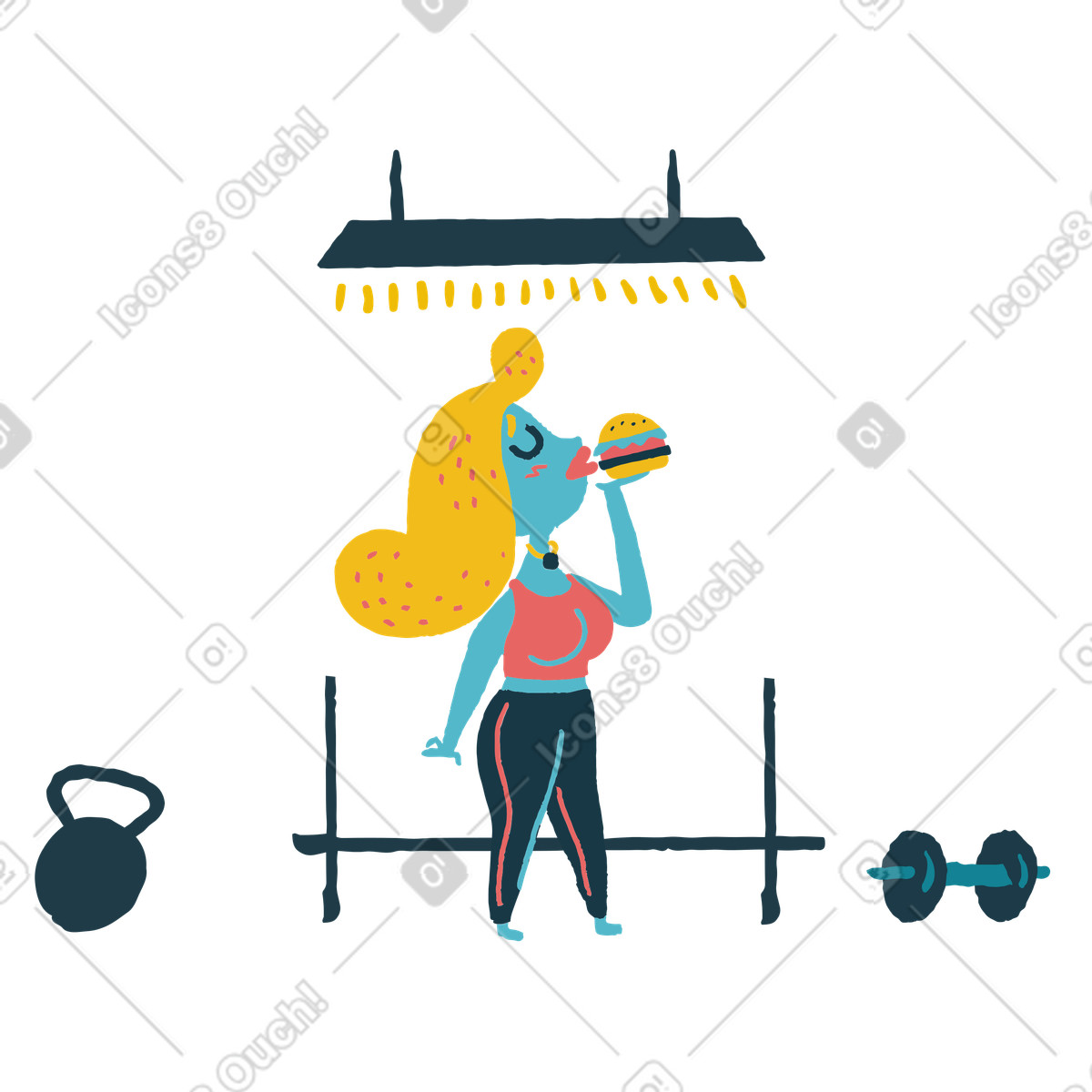 Illustration Femme dégustant un hamburger à la salle de sport dans le style Flamenco télécharger aux formats PNG, SVG