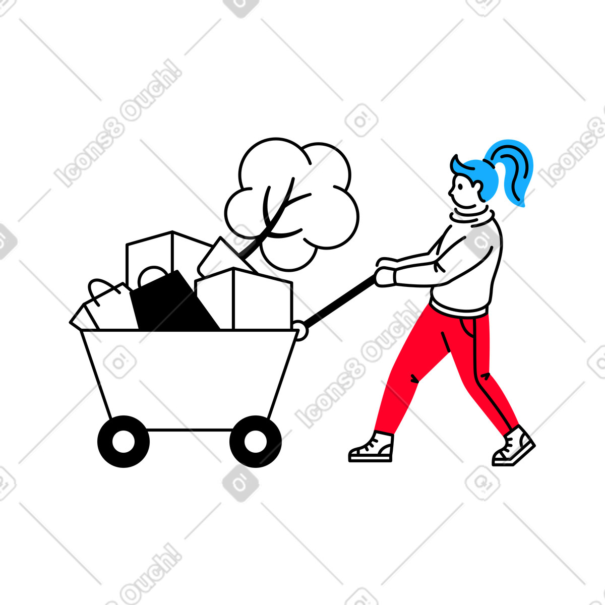 Donna con carrello pieno di acquisti illustrazione in stile Transistor scarica in PNG, SVG