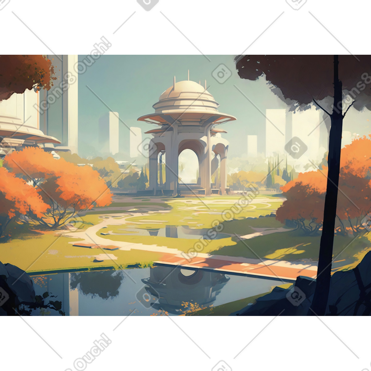 Spring park in the retrofuturistic city background illustration Experimental style download PNG, SVG
