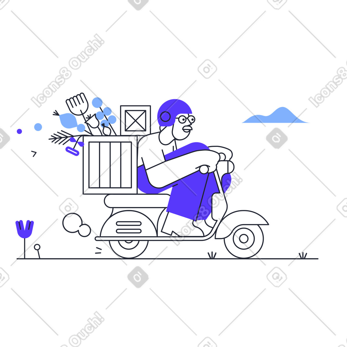 Ilustración animada Repartidor con paquete en moto estilo Pablita a descargar GIF, Lottie (JSON), AE
