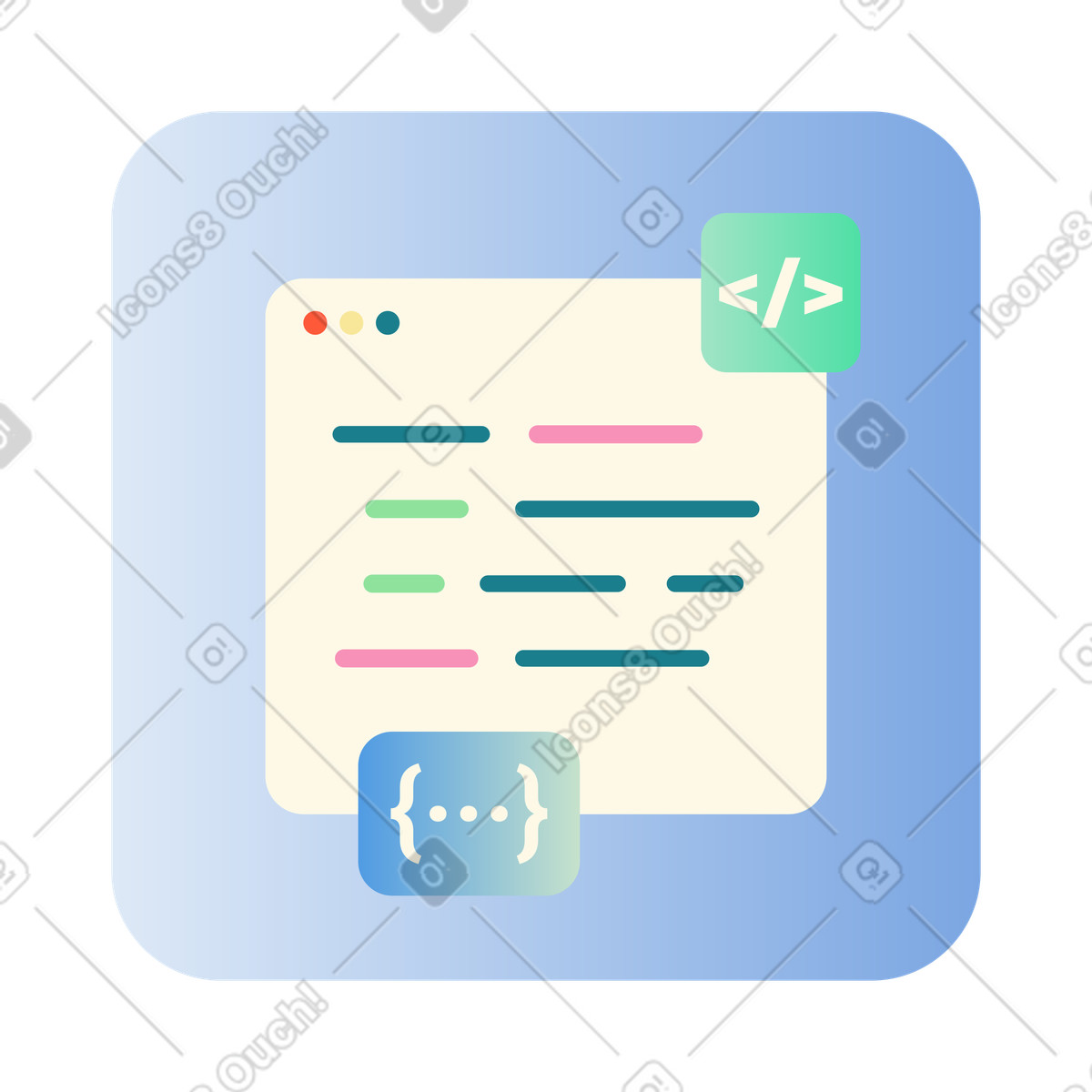 Browser window with code lines, Software development interface illustration in PNG, SVG