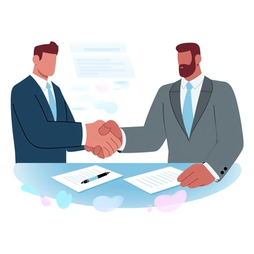 Two business leaders in tailored suits are shaking hands in a confident manner. One leader is wearing a navy blue suit with a crisp white shirt, while the other is dressed in a charcoal gray suit with a pale blue tie. Between them is a table that holds a finalized negotiation document, neatly arranged with a pen placed on top. In the background, there are subtle hints of an office setting, including a soft gradient of pastel colors that add a professional atmosphere.