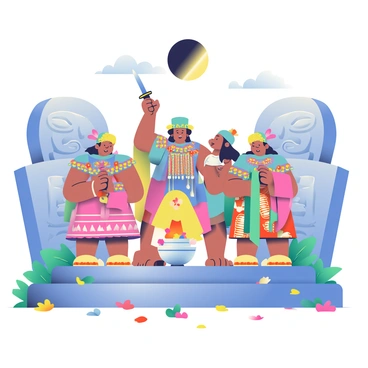 A group of Aztec priests stands on a stone platform, dressed in elaborate traditional attire adorned with feathers and intricate patterns. The sky above them is darkened by a solar eclipse, casting an eerie shadow over the scene. One priest, holding a ceremonial dagger, raises it high, while another priest is pouring an offering of colored corn into a ceremonial bowl placed at the center of the platform. Surrounding them are large stone carvings depicting Aztec deities. The ground is scattered with flower petals in vibrant colors, and the atmosphere is charged with an air of reverence as the priests chant in unison.