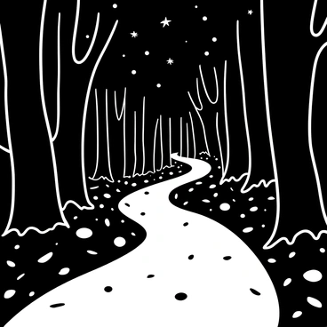 A winding path through a dense forest with tall trees on either side. The ground is covered in fallen leaves and small stones, leading deeper into the forest. Small glowing orbs, representing "fireflies," are scattered throughout the air, casting soft light around them. Shadows from the trees stretch across the path, creating a sense of depth and mystery. The sky above is filled with small stars peeking through the branches.