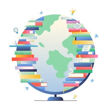A globe made entirely of stacked books is centered in the image. The books are colorful, with covers in shades of blue, green, red, and yellow, displaying various titles and authors. Each stack of books is arranged to create the shape of a globe, with the spines facing outward. The books are slightly tilted, giving the appearance of a three-dimensional sphere. There are small illustrations of continents made from the pages of open books peeking out from the stacks. Surrounding the globe, there are scattered icons of light bulbs and gears, symbolizing ideas and innovation.