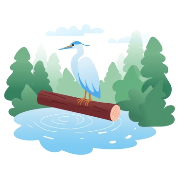 A heron is perched gracefully on a fallen log that rests in the calm waters of a small pond. The log is partially submerged, with ripples emanating from the heron's feet, creating a gentle disturbance on the water's surface. Surrounding the pond is a lush forest, with tall trees and thick underbrush, creating a rich green backdrop. The sun filters through the leaves, casting playful dappled patterns of light and shadow on the ground and across the surface of the pond.
