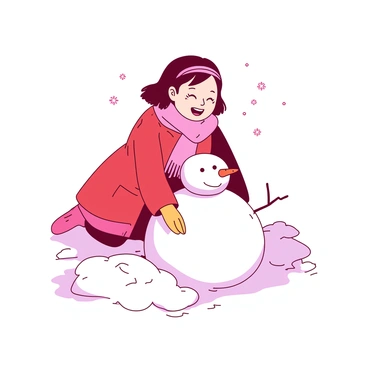 A young girl named Matilda is playing in the snow, wearing a bright red winter coat and a pink scarf wrapped around her neck. She is kneeling down, gathering snow to form a large snowman. Matilda has a joyful expression, with a big smile on her face as she shapes the snow. The snowman, partially completed, is sitting in front of her, with a round white head and a small orange carrot for a nose. Surrounding them are fluffy piles of white snow and a few scattered snowflakes gently falling from the sky.
