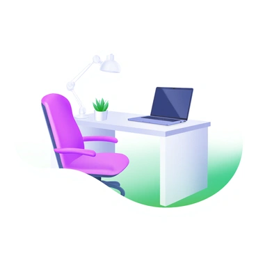 A minimalist office setup featuring "a simple office chair" with a sleek design and neutral color. The chair is positioned next to "a clean white desk" that has an uncluttered surface. On the desk, there is "a small potted plant" for a touch of greenery and "a laptop" resting on one side, facing slightly towards the viewer. The background is a soft pastel color that enhances the minimalist aesthetic.