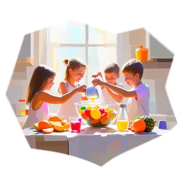A group of children with various skin tones are gathered in a bright kitchen, eagerly preparing homemade punch. They are mixing together a large bowl filled with vibrant fruit slices, including oranges, lemons, strawberries, and pineapples. The children are smiling and showing excitement as they pour juice into the bowl. The kitchen counter is cluttered with additional fruits, a measuring jug, and colorful cups. Sunlight pours through the window, casting a warm glow on the cheerful scene.