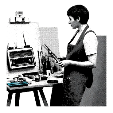 An artist is standing in front of an easel, focused on painting a still life composition. The scene includes a vintage radio with a distinctive design, placed prominently on the table. Surrounding the radio, there are various paintbrushes, each with different sizes and shapes, and tubes of paint scattered around. The artist has short hair and is wearing a paint-splattered apron. The workspace is cluttered, with some unfinished canvases in the background and a palette filled with paint colors within view.