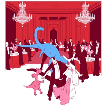 A red grand ballroom filled with elegantly dressed dinosaurs and humans dancing together. In the center, a tall blue T. rex wearing a bow tie twirls a woman in a glamorous gown, while a small pink triceratops holds hands with a man in a tuxedo. The ballroom is adorned with large crystal chandeliers that cast shimmering lights over the dance floor. Around the edges, elegantly dressed guests are mingling and enjoying the festive atmosphere, with some tables set with bright floral arrangements.