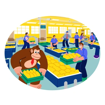 Donkey Kong, a large brown ape with a red tie, is actively working in a bustling banana processing factory. He is seen lifting crates filled with bright yellow bananas and placing them on a conveyor belt. The factory is filled with large machines that are peeling and sorting bananas, with workers wearing blue uniforms moving around efficiently. The walls of the factory are painted a cheerful yellow, and there are large windows allowing sunlight to stream in, illuminating the vibrant atmosphere. In the background, several employees are packing bananas into boxes, while a digital display shows the production count increasing.