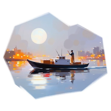 A barge moves silently across a moonlit river, gliding smoothly through the calm water. The river reflects the soft glow of city lights along the shoreline, casting warm hues of yellow and orange onto the surface. The moon is high in the sky, casting a silver light that dances on the water. The barge itself has a rustic appearance, carrying a few cargo crates on its deck. The surrounding city is partially shrouded in a light mist, adding a touch of mystery to the scene as lights twinkle in the distance.